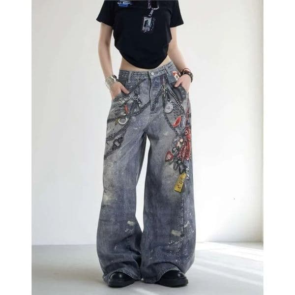 Trendy Men Vintage 3D Printed Wide Leg Straight Casual Jeans Autumn High Waist Denim Trousers American Street Style Cowboy 251106