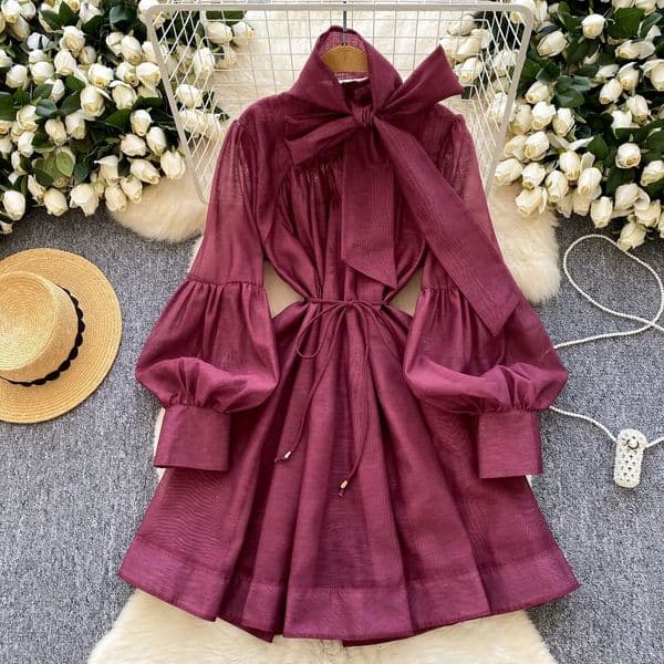 Elegant Butterfly Bow Bandage Vintage Lace Chic Lantern Sleeves Ultra Thin Long Skirt Evening Dress High Street Autumn Winter Clothing 250402