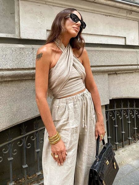 Soft Womens Linen Pants Set Summer Fashion Womens Elegant Loose Bohemian Two Piece Set Street Womens Fashion Sexy Dress 250401