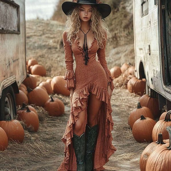 Cross-Border European And American New Women's Clothing Vintage Halloween Sexy Ruffled Solid Color Sleeve Long Dress B5