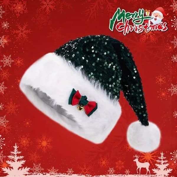 Hat Christmas Hat with Enlarged and Thickened Brim Long Hair Style New Style Christmas Hat Red Sequin Bow Style Double layer Plush Decorative
