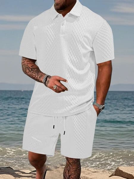 Summer European Geometric Grid Jacquard Fabric Mens Casual Sports Thin Edition Polo Shirt Short Sleeve Shorts 2-piece Set 250401
