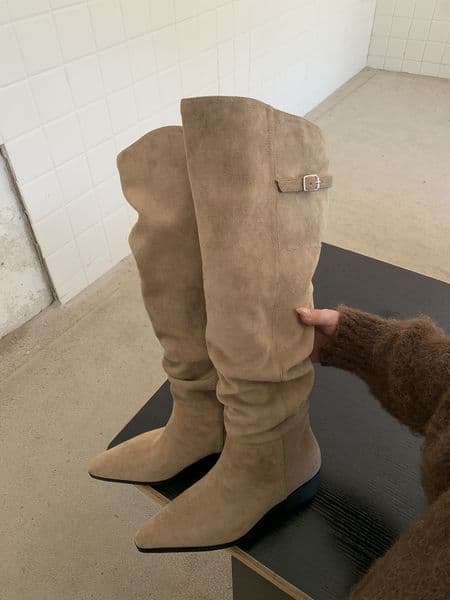 Luxury Designer Genuine Leather Shoes Pleated Boots Women Black Nude Suede Flock Knee High Boot Ladies Flat Dress Shoes Solid Slip on Botas