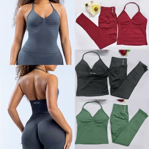 Dfyn Women two pieces Impact yoga Workout Sets Longline Strappy Top Gym pant sports leggings Set clothing Backless Tank Tops Scrunch Seamless Gym Suit Clothes