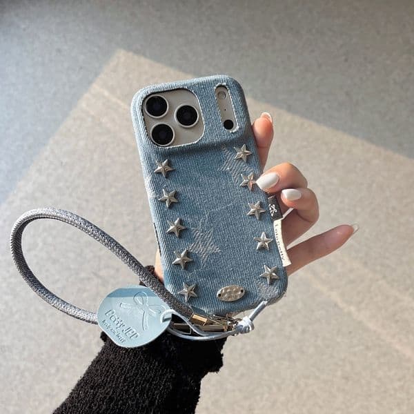 Punk Style Denim Rivet Star Phone Case Compatible with iPhone 17/16 Pro Solid Color Lanyard iPhone 15/14