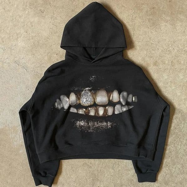 Y2K Gothic Pullover Hoodie Men Women Harajuku Vintage Teeth Graphic Printed Black Sweatshirt Oversized Casual Clothes 251106