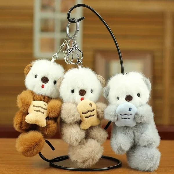 Cute Plush Otters Holding Fish Keychain Stylish Backpack Keyrings Lovely Animal School Bag Key Wallet Pendant Toy Student Gift 251105