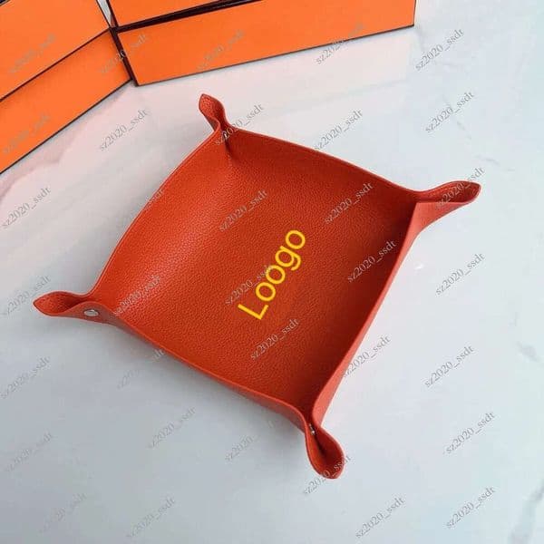 Orange leather storage tray, solid color lobby storage miscellaneous items, desktop candy box tray, regular leather soft-21556