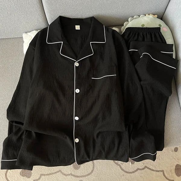 Large Size Pure Cotton Yarn Mens Sleepwear Spring and Autumn Long Sleeved Simple Black Nightwear Homewear Youth Pyjamas Set 251104BJ