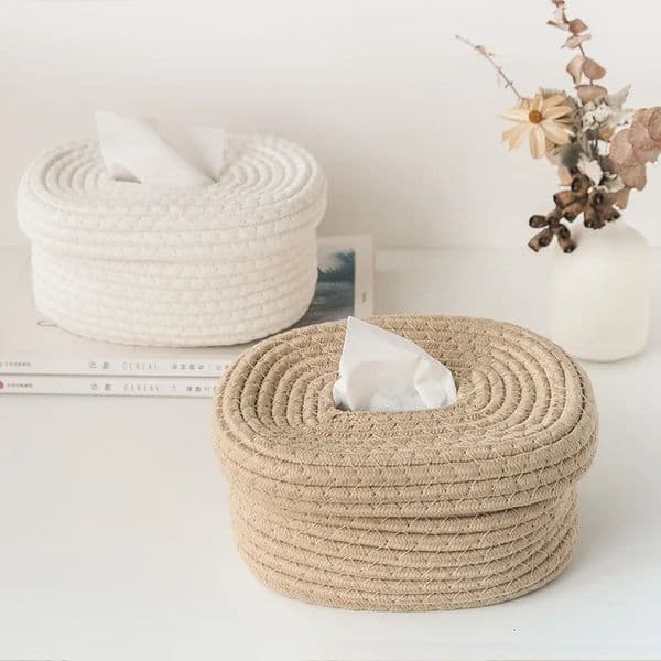 Cotton cord woven tissue storage box Simple Japanese desktop dustproof tissue box with cover Handmade washable 250402