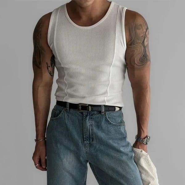 American vertical thread tank top muscle mens tight elastic sleeveless T-shirt with patchwork thin quick drying fitness vest 250403