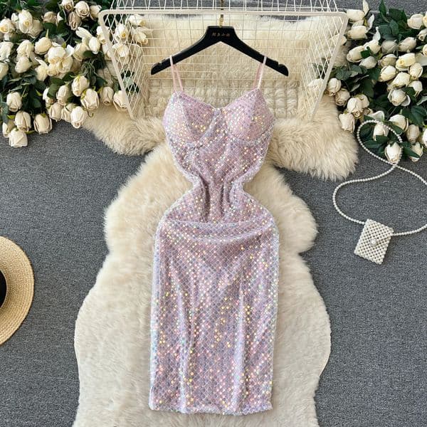 Retro Sleeveless Sparkling Pencil Casual Womens Fashion Vacation Sexy Elegant Vestido Ceremony Dress 250402BJ