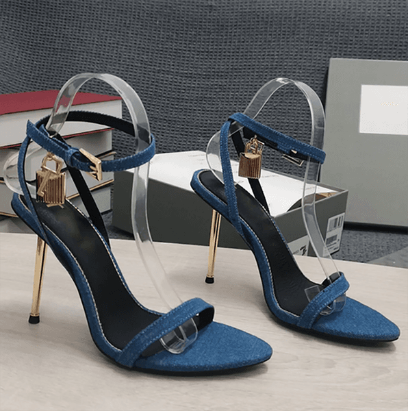 Sparkling Gold Lock Sandals Leather Pointed Ankle Strap Padlock Naked Sandals Designer Women's 10.5CM High Heels Luxury Evening Dress Shoes EU35-41