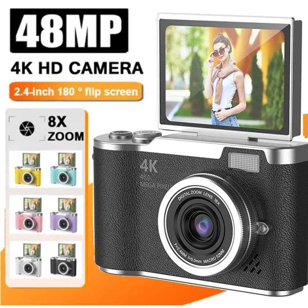 8-64GB 4K CCD 8X Digital Zoom Student Digital Camera 48MP Portable Digital Photography Camera 180 Flip Screen Selfie CameraW251107