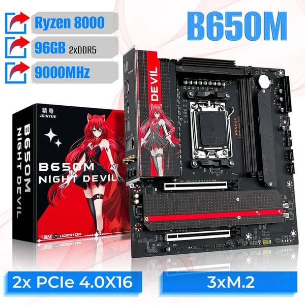 JGINYUE B650M NIGHT DEVIL Desktop Gaming Motherboard AM5 DDR5 96GB 9000MHz M-ATX USB 32 M2x2 for AMD Ryzen 7 9700X thumbnail 2