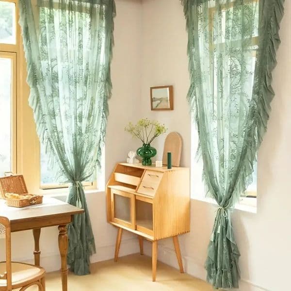 Sheer Curtains French Retro Green Ruffled Lace Sheer Tulle Curtains For Girls Room Living Room Korean Pastoral Floral Window Screen 250407