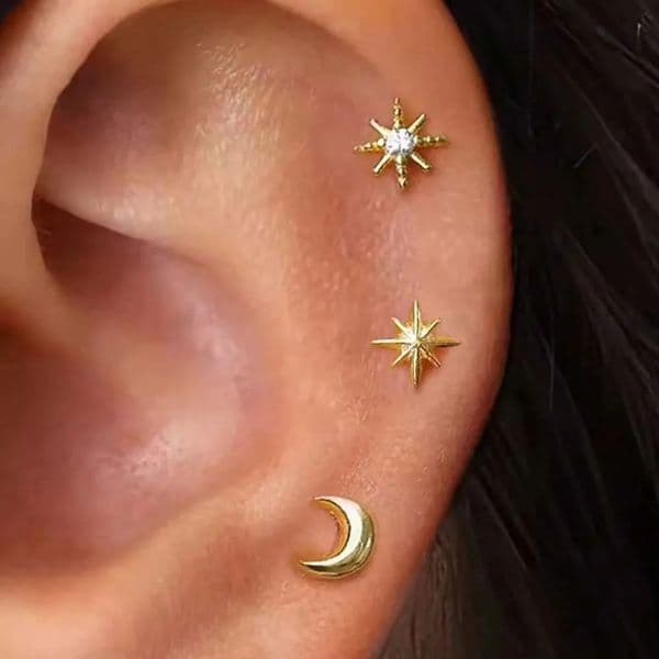 3 Pieces Stainless Steel Star Moon Ear Stud Earrings Set Women Daily Wear Cartilage Piercing Earring Punk Unisex Rock Jewelry 251031