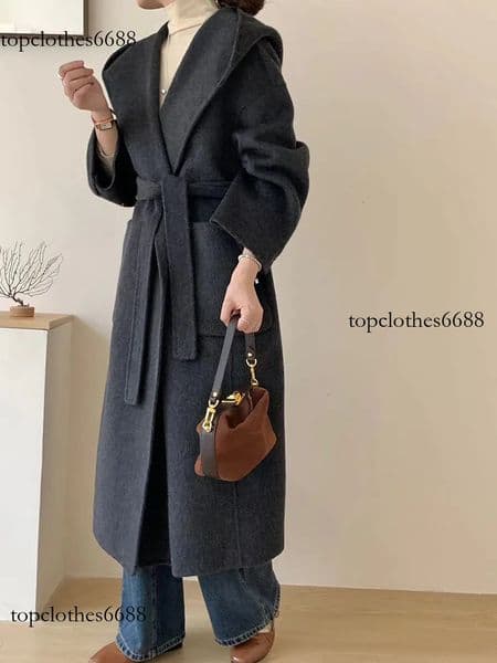 2025 Designer with hat, double-sided cashmere women, medium extra length, loose bathrobe wool coat for women