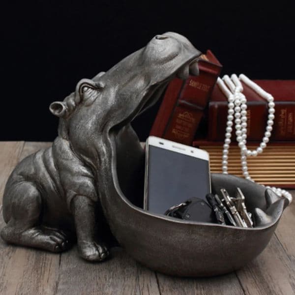 Resin Hippo Statue Hippopotamus Sculpture Figurine Key Candy Sundries Container esktop Sundries Storage Holder Home Decor 250407BJ