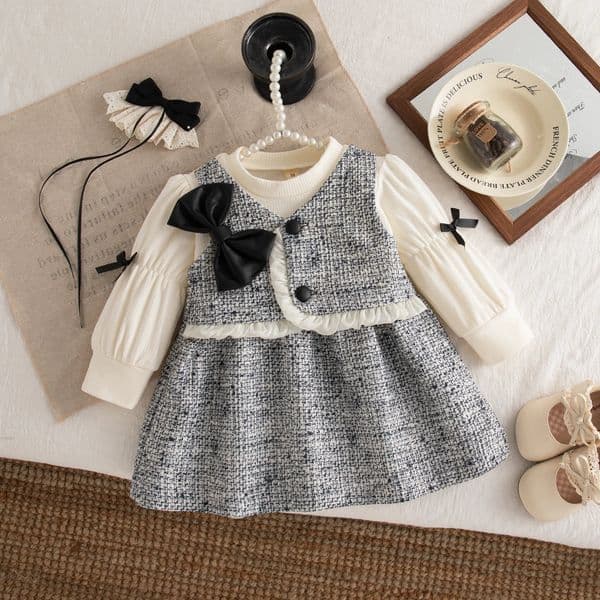 Autumn Sweet Bow Baby Girl Dress Simple Checkered Long Sleeved ChildrenS Clothing Suitable For Babies Aged 0-3 Years 251105BJ