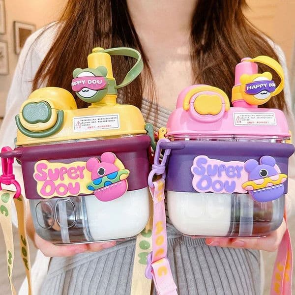 500ML Cute Double Drinking Water Bottles With Straw For Girls Cartoon Children Plastic Cup Outdoor Portable Water Cups BPA Free 250407BJ