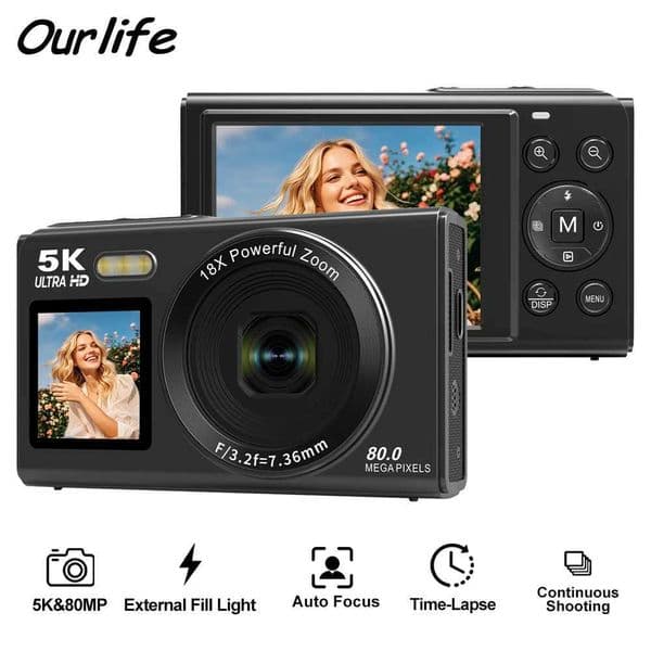 Ourlife Digital Camera CCD Dual Screen Portable Digital Camera 18X Zoom 5K Vintage Vlog Video Recorder 80MP CCD Selfie CameraW251107