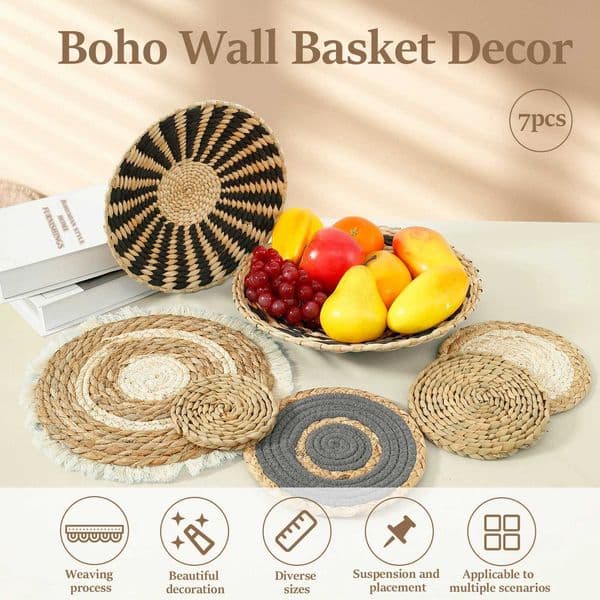 7 pieces of circular Bohemian woven wall basket decoration handmade woven wall decoration Bohemian home wall art decoration X2504081