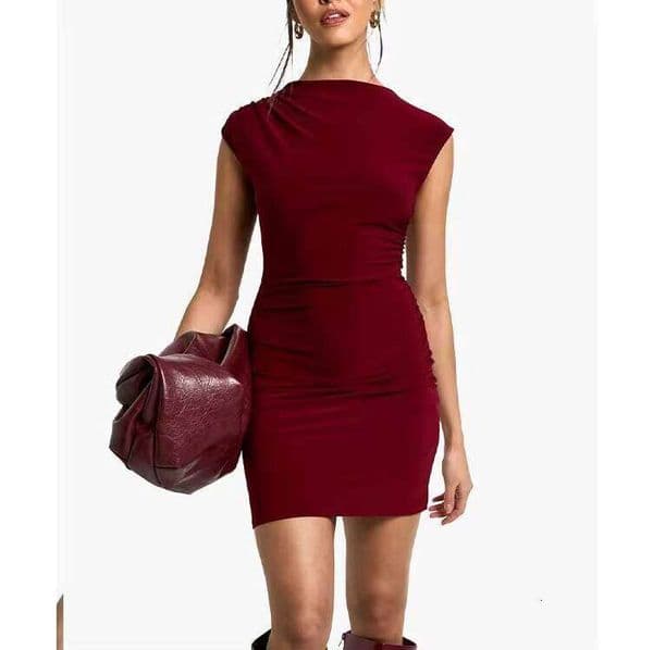 Women's Chic Burgundy Sexy Bodycon High Neck Sleeveless Ruched Stretch Slim Mini Party and Everyday Wear Dress prom