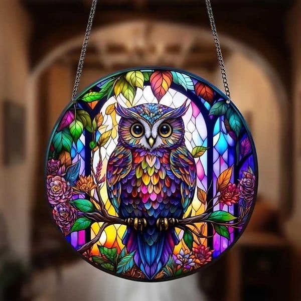 Charming owl acrylic sun visor used for home garden decoration stained windows pendants glass circular signs wall art decoration X250408