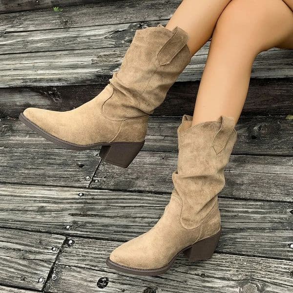 Retro Brown V-Cut Western Boots Womens Mid-Calf Pointed Toe Autumn Winter Rubber Sole Comfortable Shoes for Ladies 251106