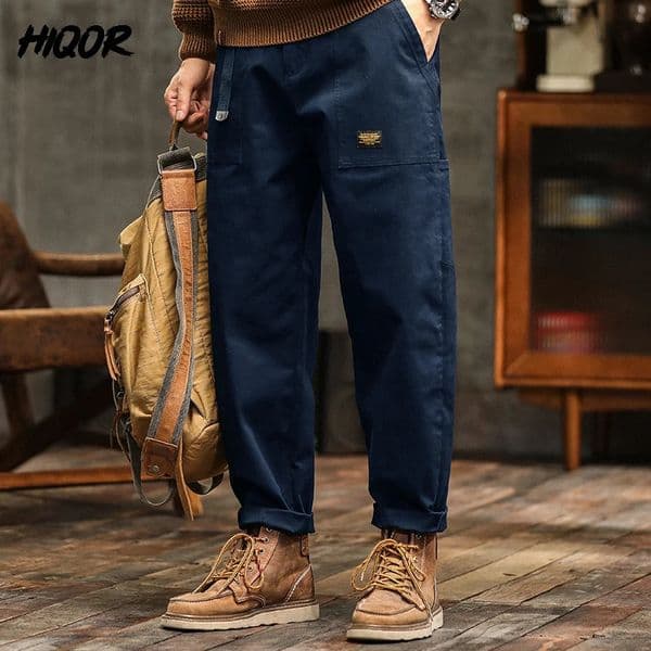 HIQOR Mens Clothing Spring Autumn Cargo Pants Man Cotton Casual Loose Trouser Belt Mid Waist Joggers Male Straight Baggy Pants 251104