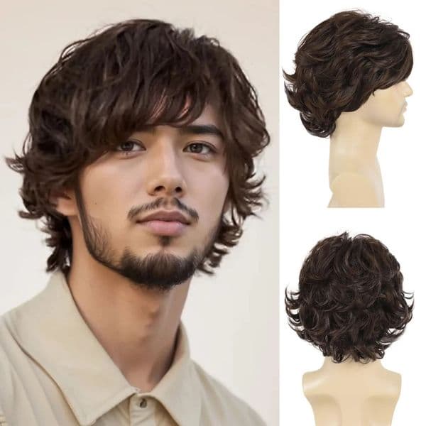 Brown Wigs for Man Synthetic Short Haircut Curly Wig with Bangs Short Brown Wigs for Men Curly Layered Natural Looking Realistic 251107