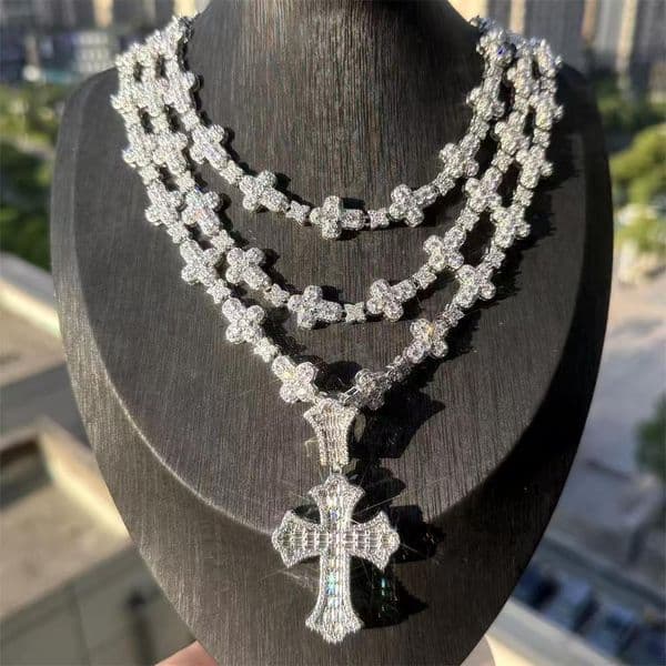 fashion designer VVS Moissanite Two Tone Cross Pendant Hiphop Sterling Silver Diamond Charm Necklace Jewelry Set 20 options to choose from
