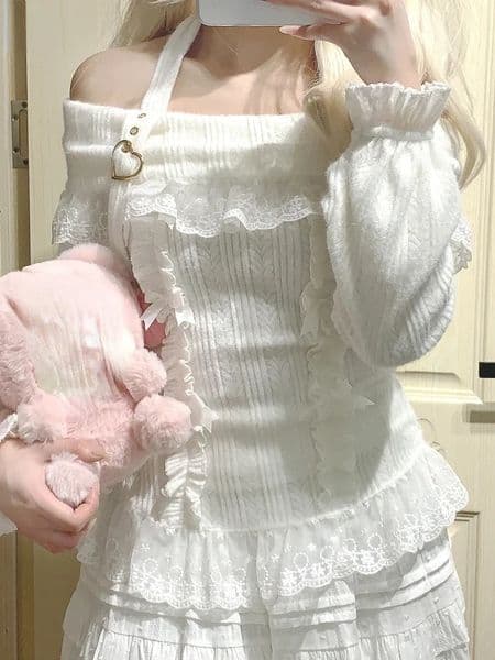 Lolita Off Shoulder Halter Sweater Women 2025 Kawaii Lace Patchwork Y2k Aesthetic Japanese Bottoming Crop Tops Pullover Knitwear 251106