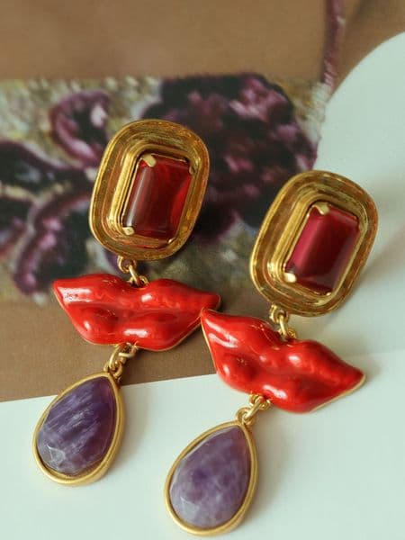 2025 New Luxury Women Earrings Yellow Gold Plated Red Gems Lips Earrings Jewelry for Girls Women for Party Wedding Nice Gift