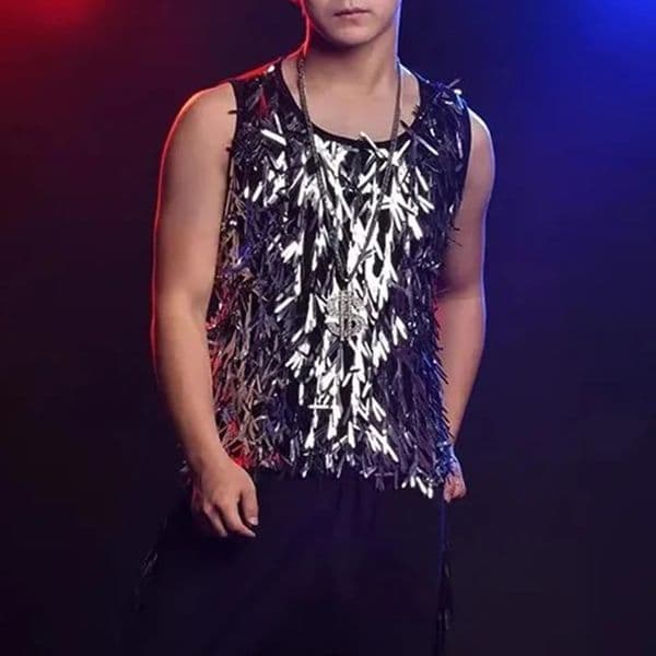 Mens Vest Slim Fit Sequins Stage Performance Summer Streetwear Fashion Nightclub Tank Top Sleeveless Top MenS Clothing 2025 250408