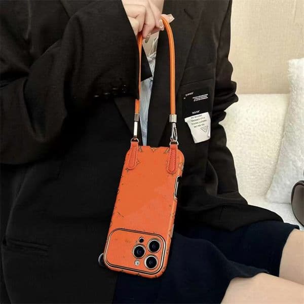 Luxury Leather Designer Orange Color Mobile Cell Phone Cases for iPhone 17promax 17 16 pro max 16 15 15 Pro Max 14 14promax women men withLanyard Case