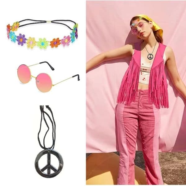 A collection of 3 Happy Girl accessories, 1960s retro glasses, a peace logo necklace, and a sunflower crown headband