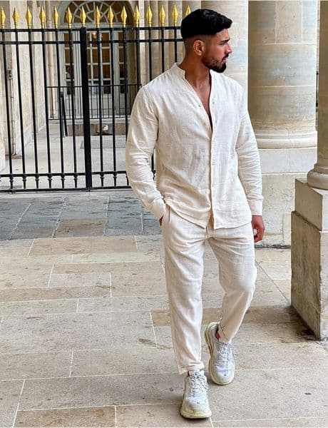 Mens casual cotton and linen suit fashion comfortable linen solid color stand collar shirt street loose long sleeve two-piece 251105