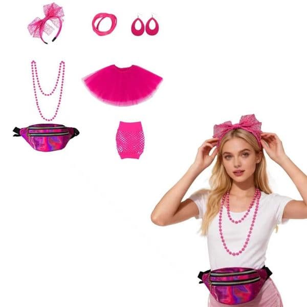 Seven pieces of 80s clothing accessories, lace headbands, earrings, fishing net gloves, necklaces and bracelets, etc. are for the retro party of 80s women
