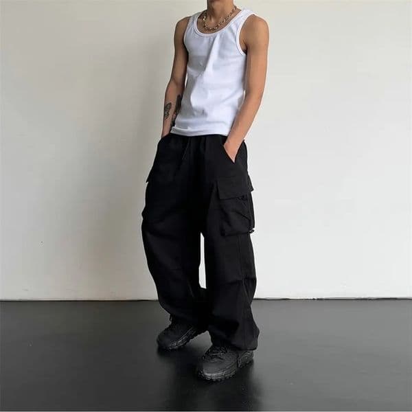 American Style Casual Pants Cargo Trousers High Street Drawstring Workwear Trendy Loose Versatile Straight Wide-Leg Casual Pants 250401