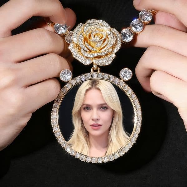 Hip Hop Full Diamond Rose Floral Custom Photo Pendant Necklace 14k Rose Gold Bling Cubic Zirconia Flower Big Round Picture Personality Wedding Jewelry Accessories