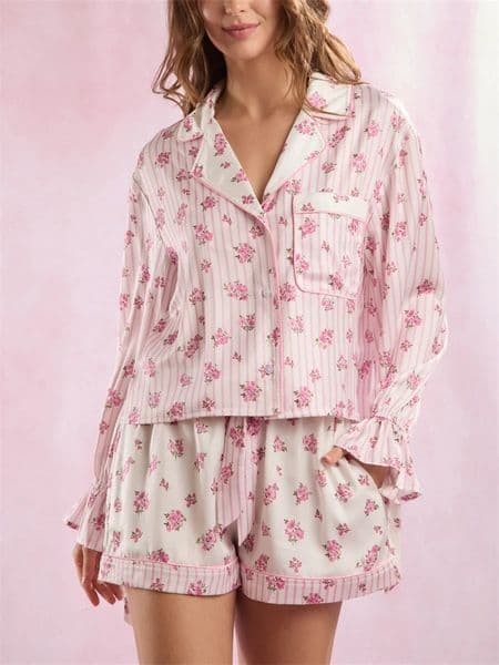 Women 2pcs Pajamas Set Cutecore Bow Tie Long Sleeve Shirt Ruffle Shorts Boho Floral Print 2 Pieces Pjs Sets 250408
