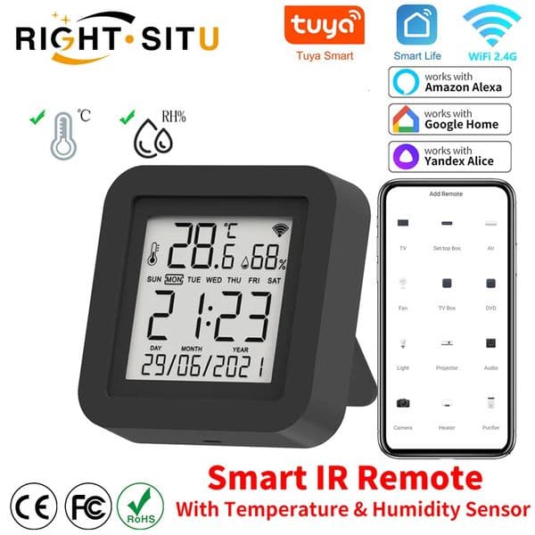 Tuya Smart Universal IR Remote With Temperature Humidity Sensor for Air Conditioner TV AC Works with Alexa Google Home Yandex 250402