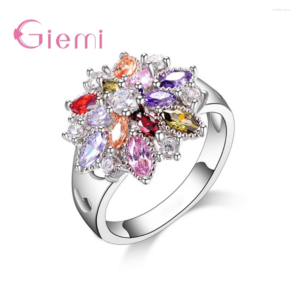 Cluster Rings Sparkling Genuine 925 Sterling Silver Band Colorful Flower Cubic Zircon Stone Jewelry For Women Wedding Engagement