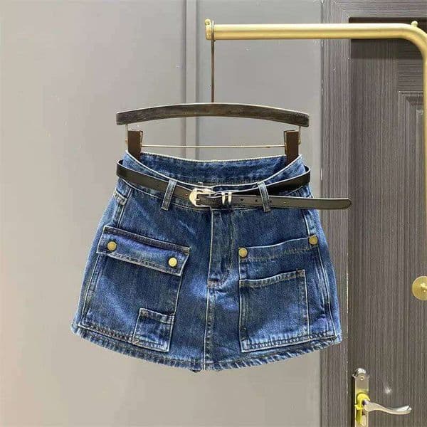 Dark Denim Short Women's High-Waisted Culottes Summer New Tooling Wide-Leg A-Word Shorts Skirt
