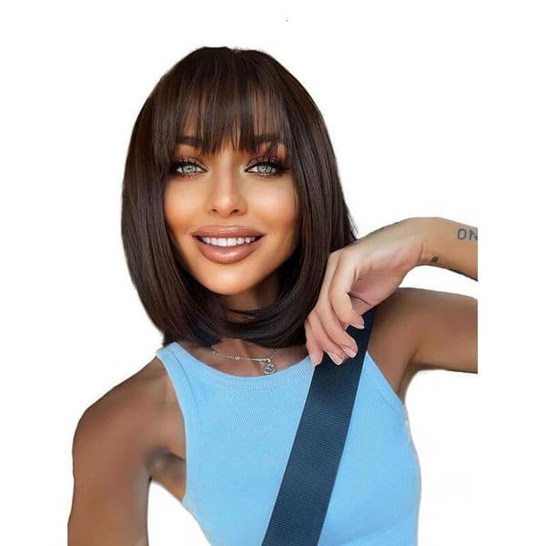 Ty- 2024 Medium-Length Straight Hair Fully Hined 14 Inches Heat-Resistant Fiber High Temperature Silk Dyeable And Permable Bangs Synthetic Wig Short Bob For En Brown Ty-