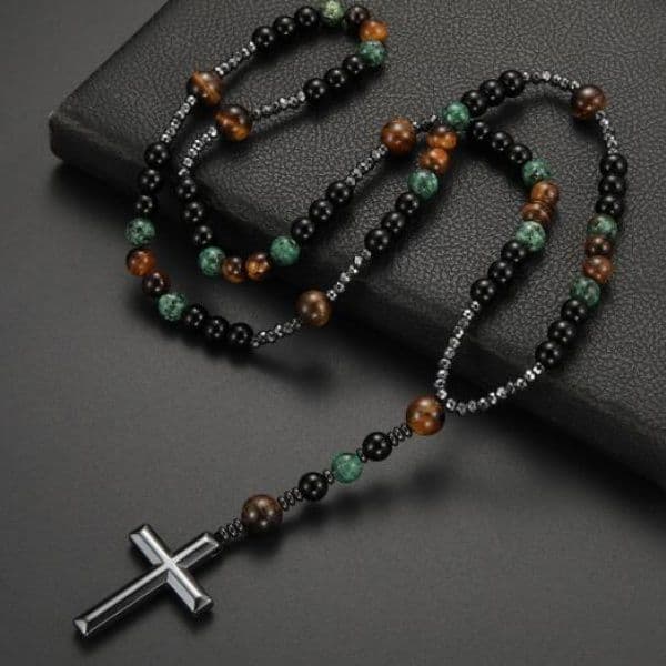 Beaded necklace new African turquoise tiger eye retro natural stone men's long cross necklace sweater chain