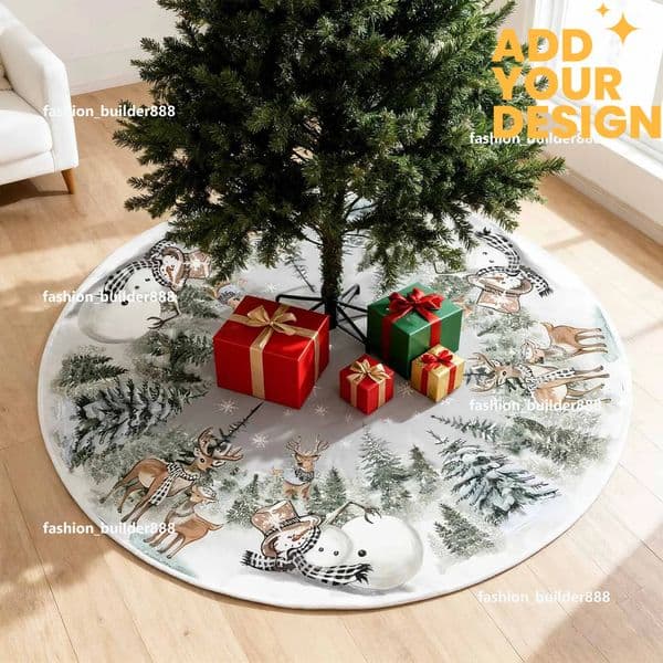 Custom Skirt Red Xmas Ornaments Soft Plush Christmas Tree Mat With Snowy Pattern For Decorations Holiday Party