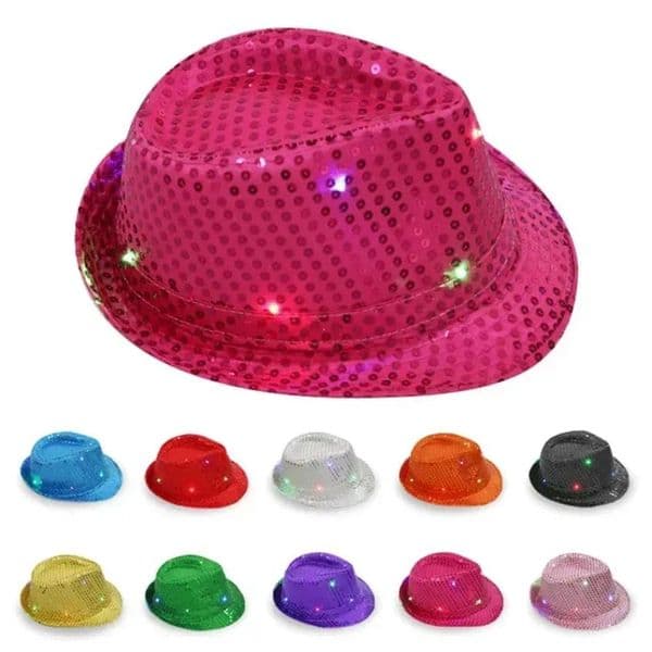 Jazz Flashing Light Up LED Fedora Trilby Sequins Caps Fancy Dress Dance Party Hats Unisex Hip Hop Lamp Luminous Hat